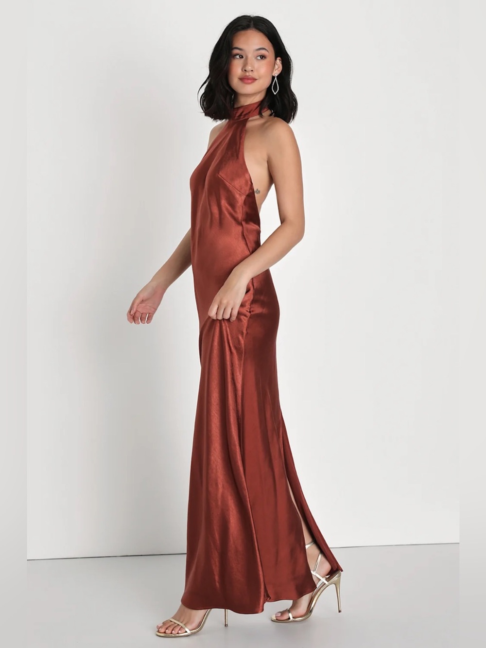 Lulus Love in Your Life Rust Brown Satin Halter Maxi Dress Open Back Gown S NWT - Picture 3 of 9